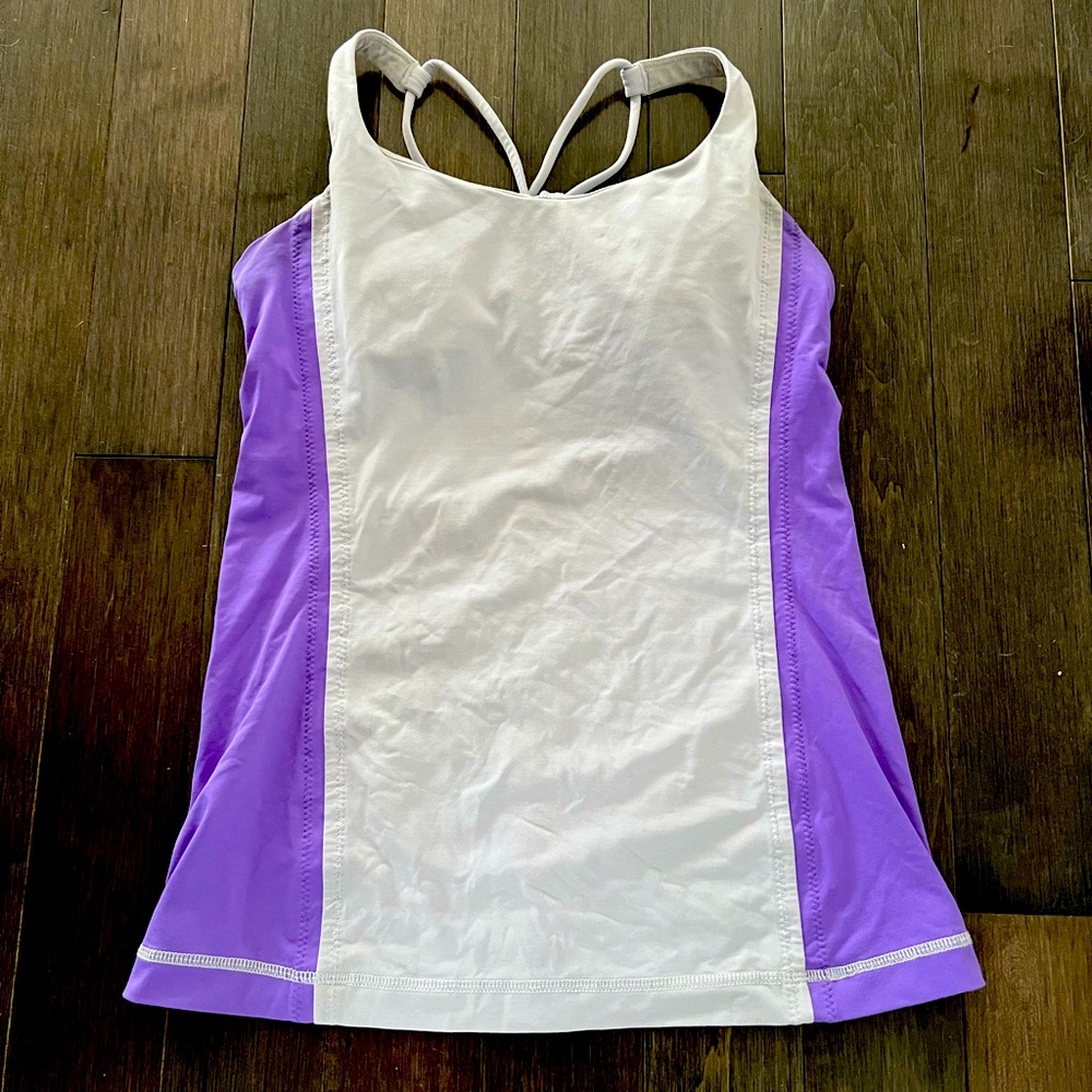 Gently used lululemon strappy tank top, size 6, purple, full length.